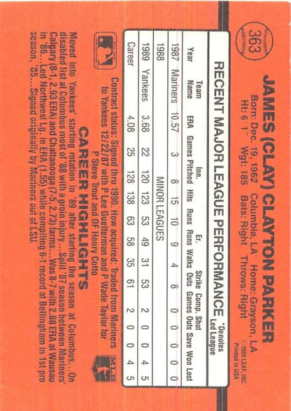 Orange baseball card featuring Clay Parker statistics for New York Yankees baseball