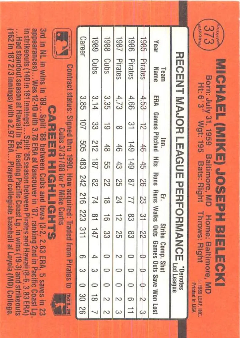 Orange 1990 Donruss #373 Mike Bielecki baseball card with career statistics