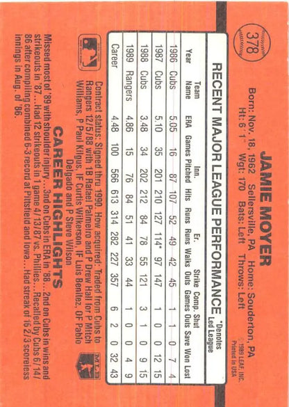 Orange 1990 Donruss #378 Jamie Moyer Baseball Card with player statistics and performance data