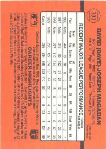 Baseball card back of 1990 Donruss #383 Dave Magadan NM-MT Mets with original gloss