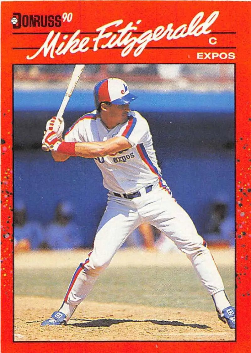 Red-bordered 1990 Donruss Mike Fitzgerald Montreal Expos baseball card at bat