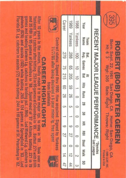 Orange baseball statistics on 1990 Donruss Bob Geren New York Yankees Baseball Card