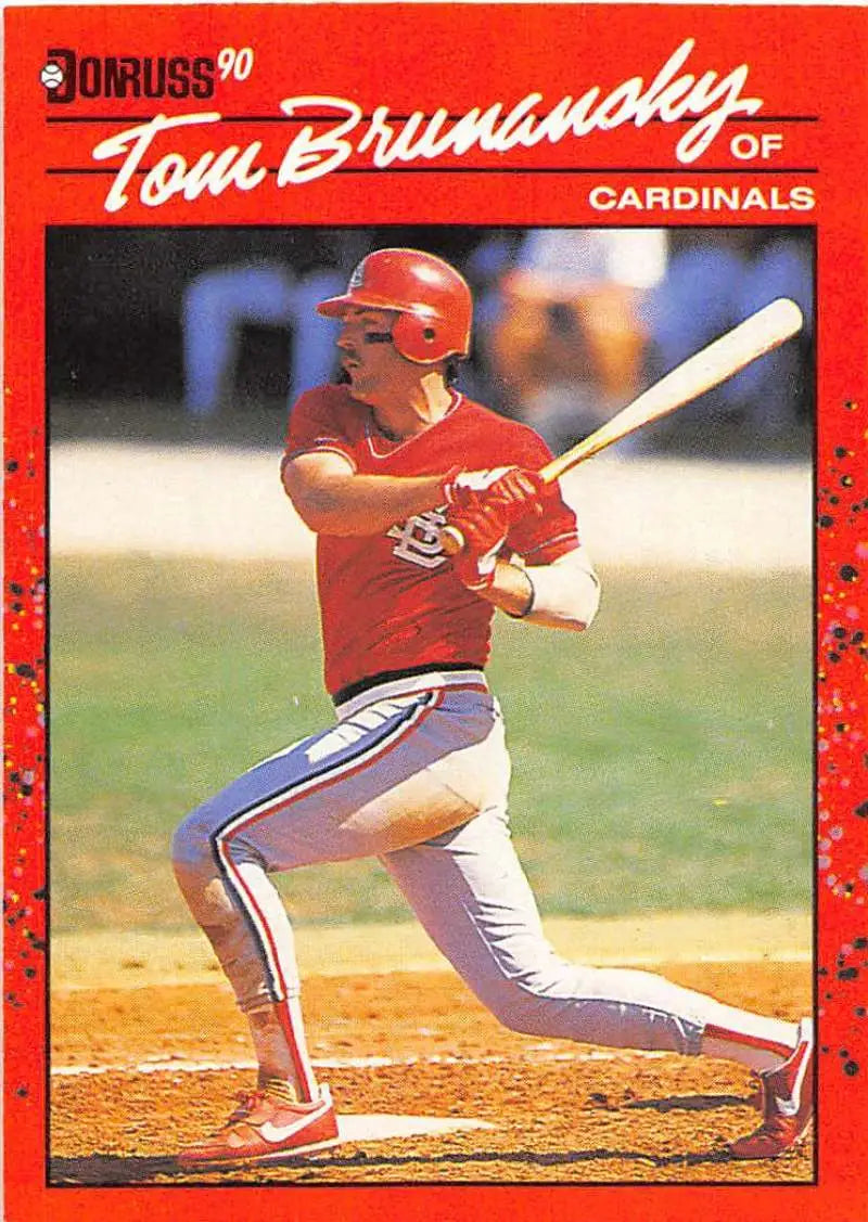 Red 1990 Donruss Tom Brunansky baseball card featuring St. Louis Cardinals player