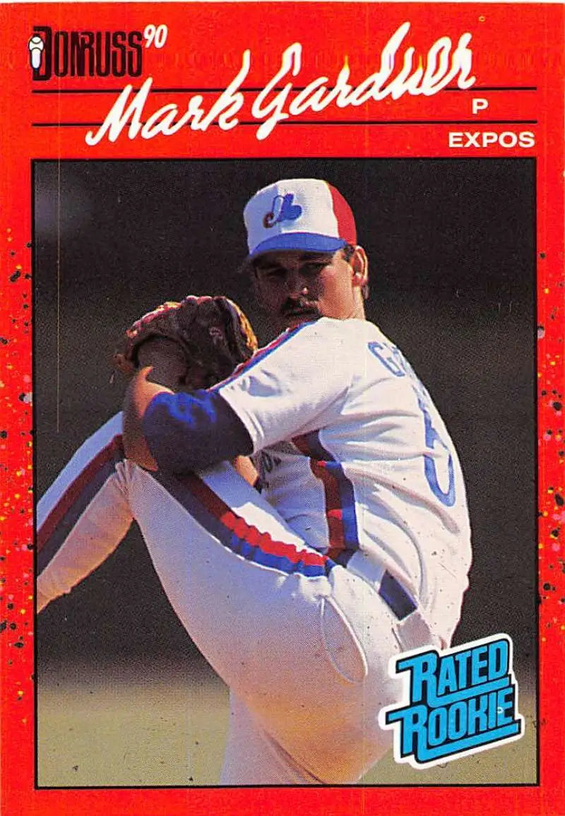 1990 Donruss baseball card of Mark Gardner, Montreal Expos pitcher in delivery