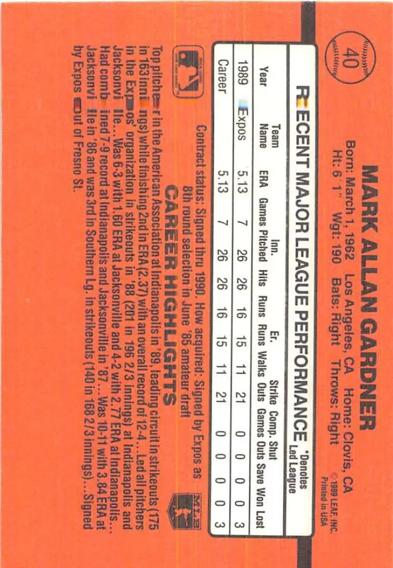 Orange baseball card featuring Mark Gardner of Montreal Expos with statistics