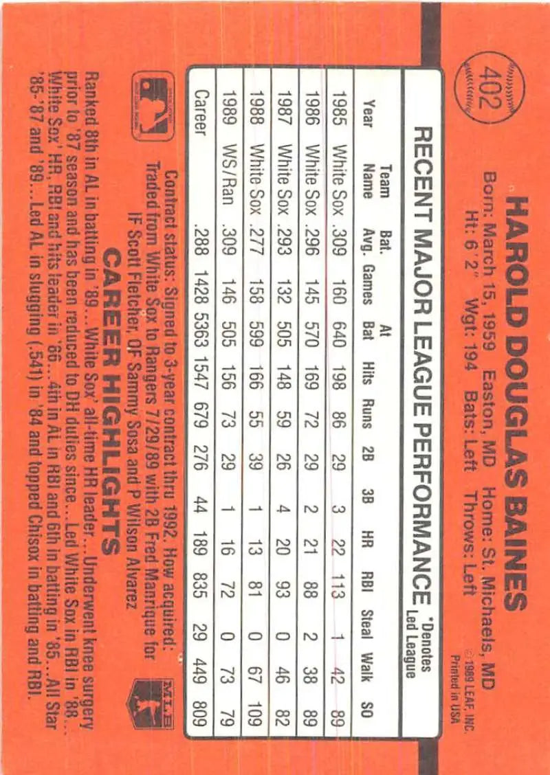 1990 Donruss #402 Harold Baines trading card statistics on orange background