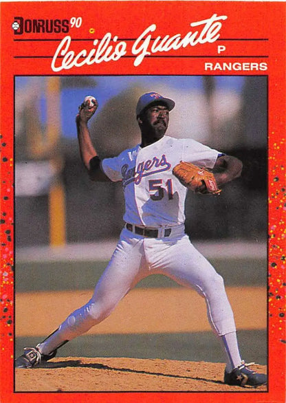 Baseball card of Cecilio Guante pitching for Texas Rangers, number 51, from 1990 Donruss