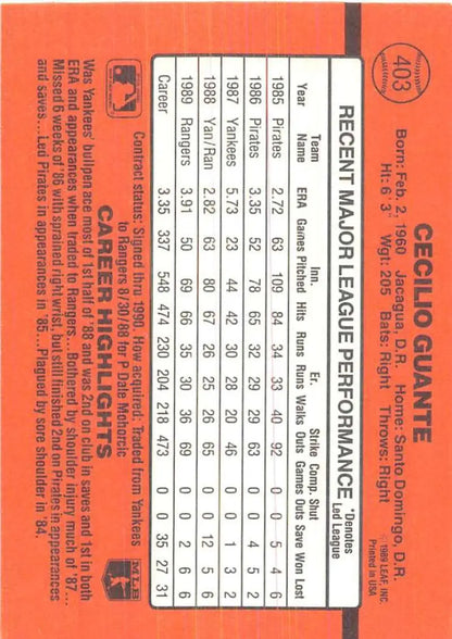 Orange baseball card featuring Cecilio Guante player stats for Texas Rangers trading cards