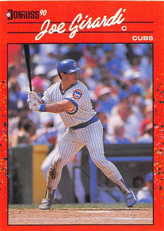 Red 1990 Donruss Joe Girardi baseball card featuring Chicago Cubs player at bat