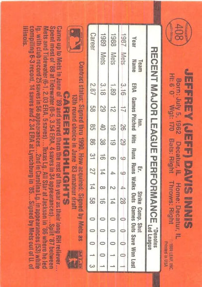 Orange baseball card showcasing Jeff Innis stats from the New York Mets trading cards