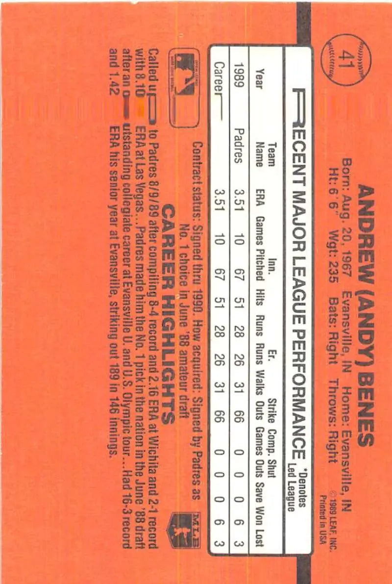 Orange British Rail train ticket alongside 1990 Donruss Andy Benes San Diego Padres Baseball Card