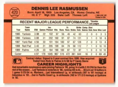 Dennis Rasmussen San Diego baseball card back with original gloss details