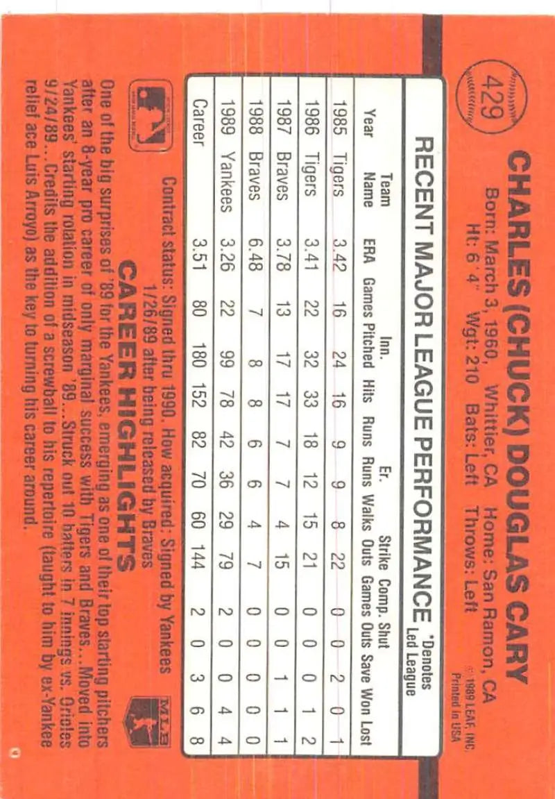 Orange baseball card featuring Chuck Cary statistics for New York Yankees baseball