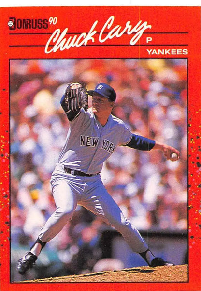 Red-bordered 1990 Donruss Chuck Cary New York Yankees baseball card in mid-delivery