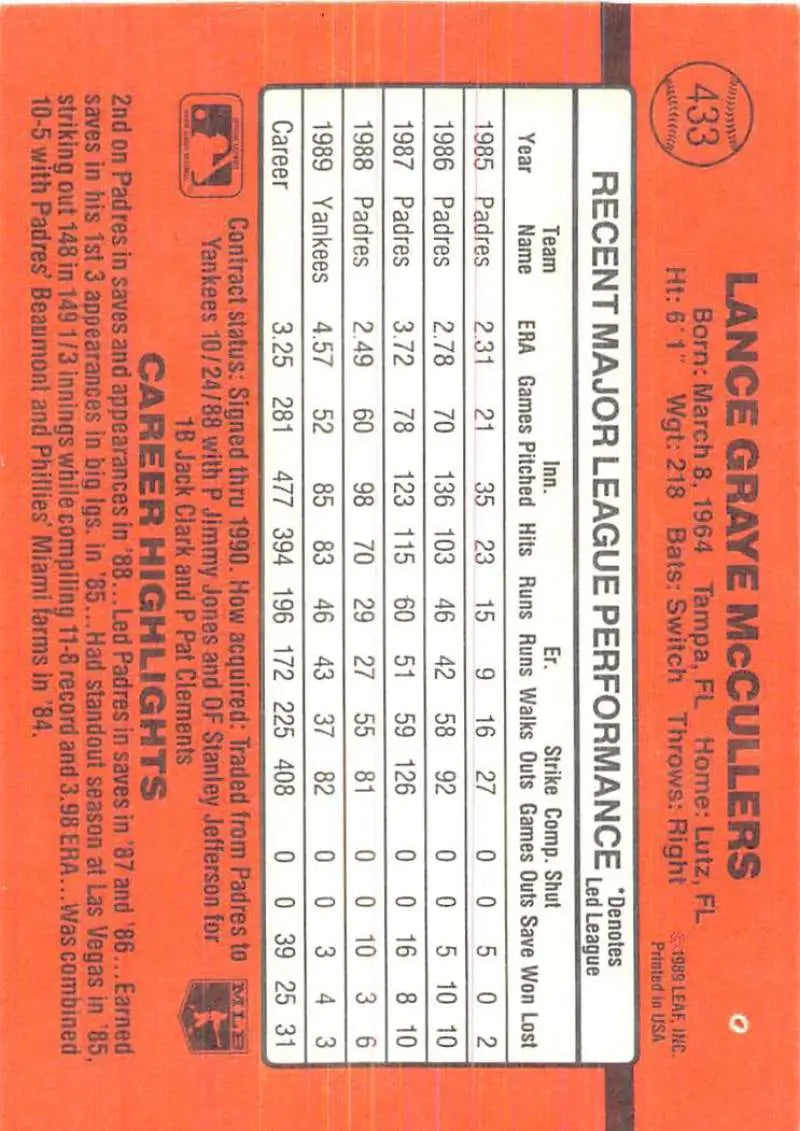 Orange baseball card featuring Lance McCullers for New York Yankees statistics