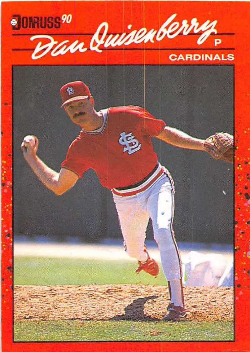 Red 1990 Donruss baseball card of Dan Quisenberry, St. Louis Cardinals pitcher