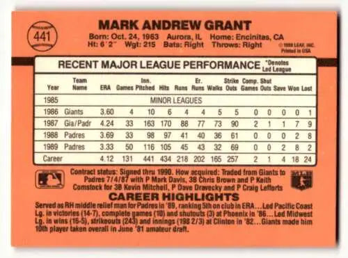 Mark Grant San Diego Padres baseball card 1990 Donruss #441 original gloss EX/NM