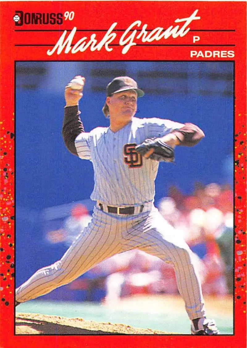 Baseball player in San Diego Padres uniform mid-pitch on 1990 Donruss trading card