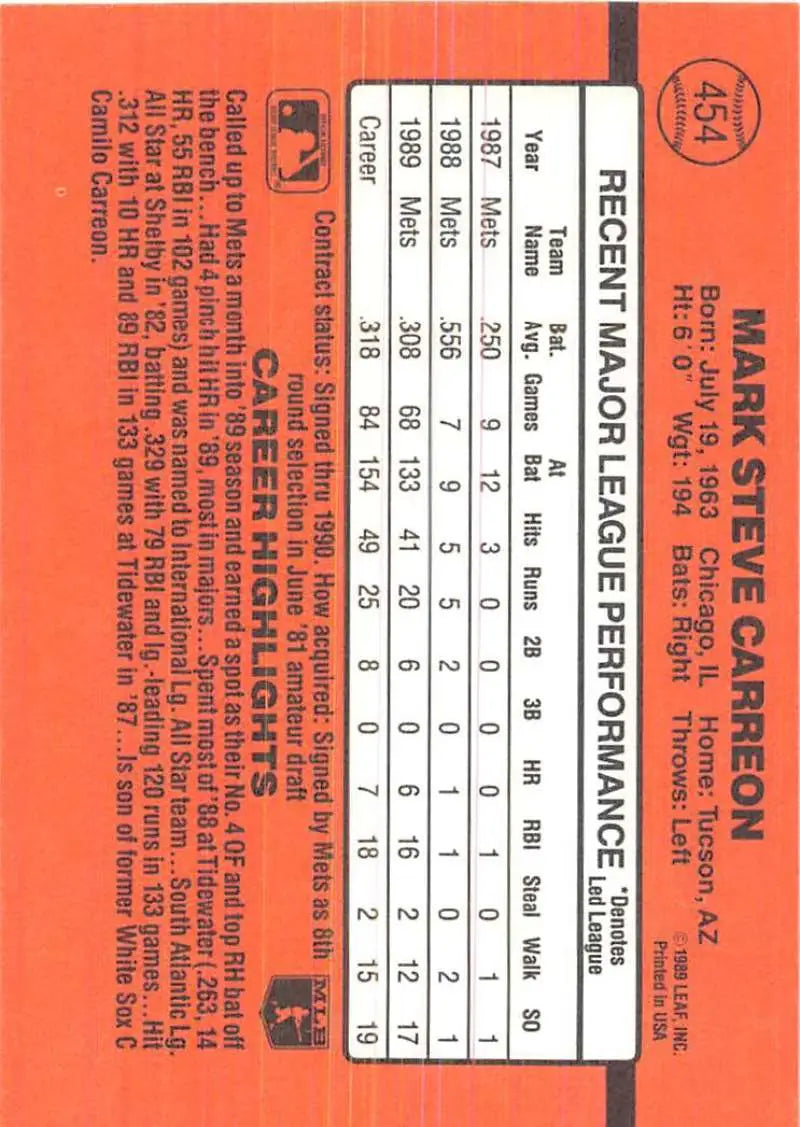 Baseball card statistics grid on orange background for 1990 Donruss Mark Carreon