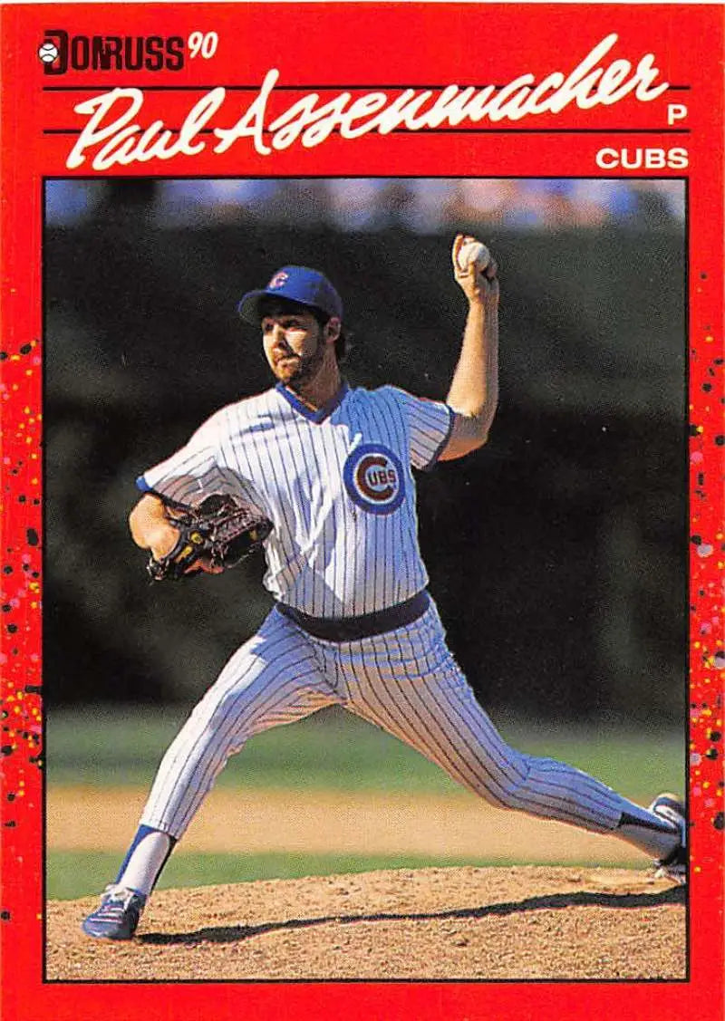 1990 Donruss Cubs pitcher baseball card featuring Paul Assenmacher in pinstripes