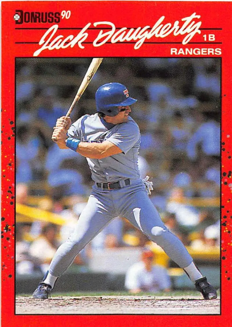 Red-bordered 1990 Donruss Rookie Texas Rangers Card featuring Jack Daugherty at bat