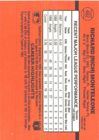 Orange 1990 Donruss Rich Monteleone baseball card showcasing performance statistics