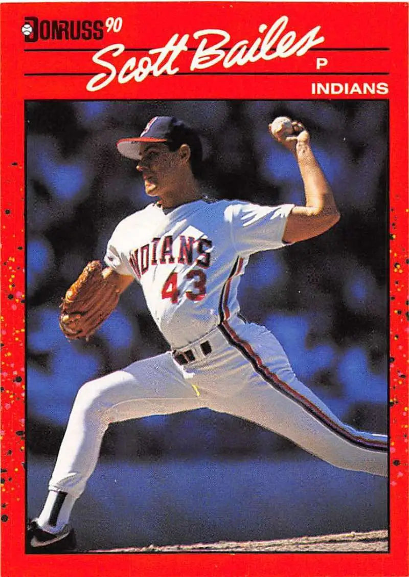 1990 Donruss Scott Bailes baseball card featuring a Cleveland Indians pitcher in action