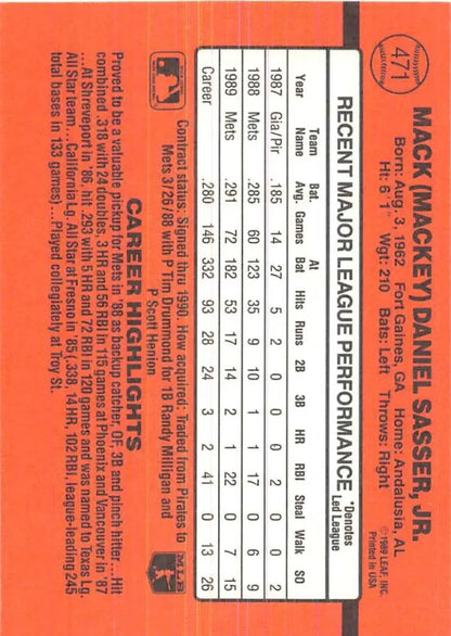 Orange and black baseball card statistics grid for 1990 Donruss Mackey Sasser