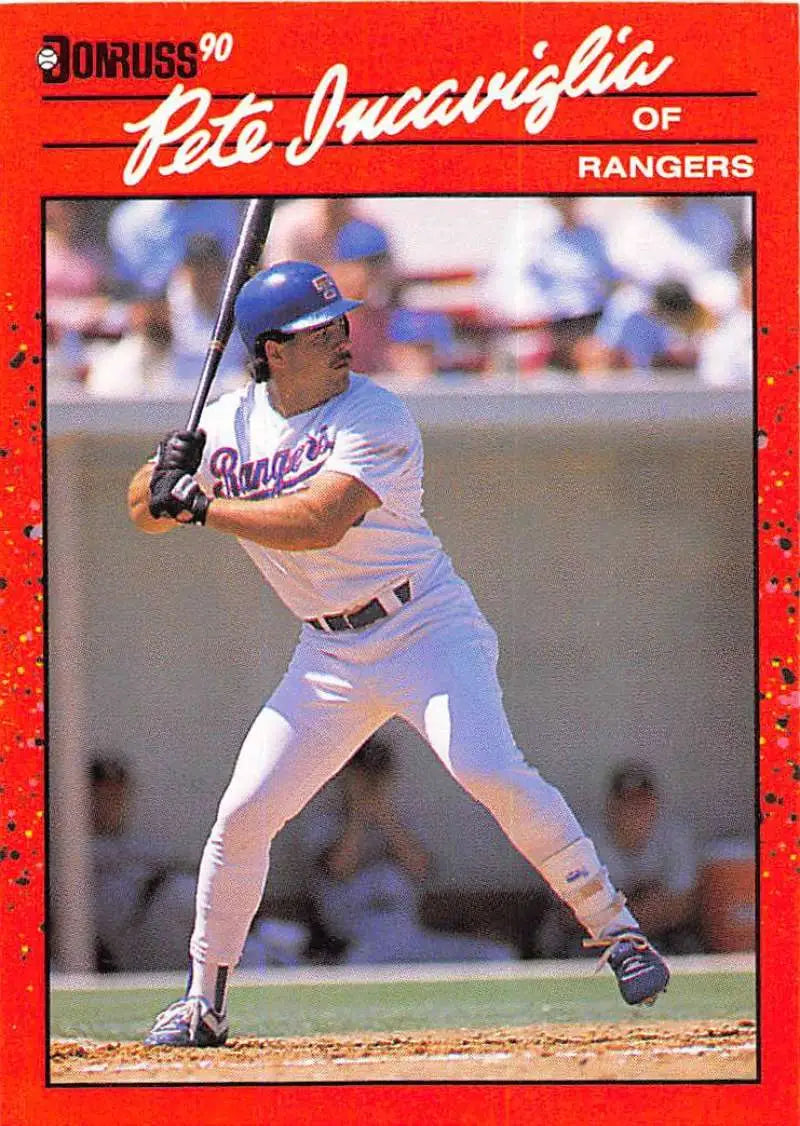 Red-bordered 1990 Donruss Baseball Card of Pete Incaviglia, Texas Rangers player at bat