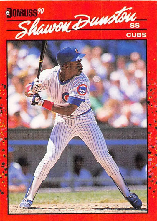 Red-bordered 1990 Donruss baseball card of Shawon Dunston, Chicago Cubs player at bat