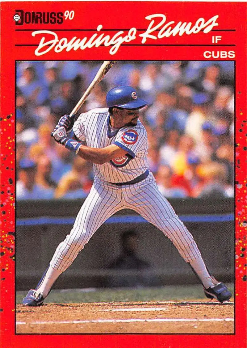 Red-bordered 1990 Donruss baseball card of Chicago Cubs player Domingo Ramos batting