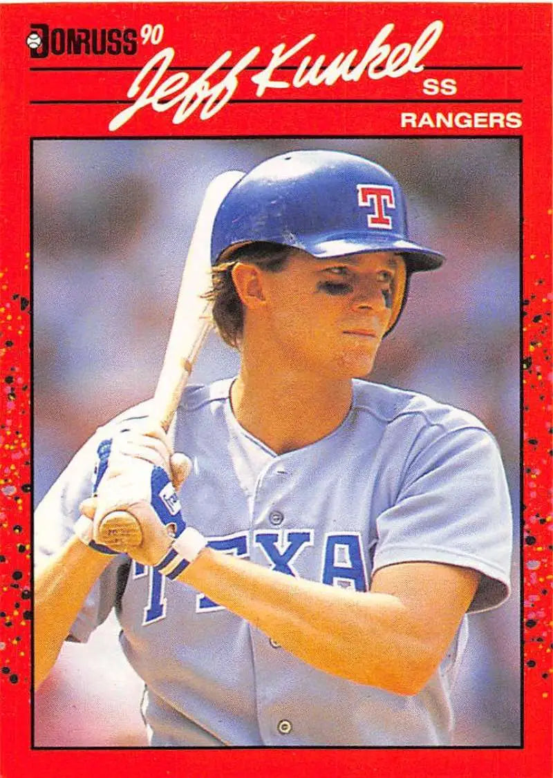 1990 Donruss Jeff Kunkel Texas Rangers Baseball Card with a red border at bat