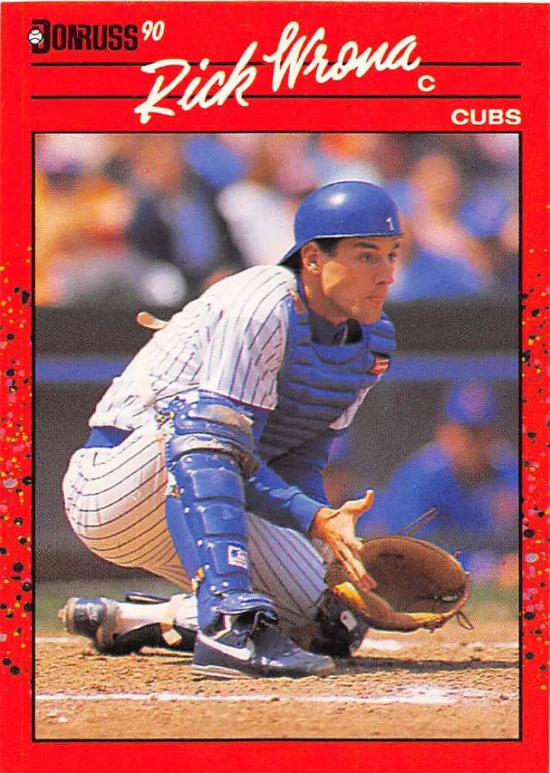 1990 Donruss #512 Rick Wrona Cubs baseball card featuring catcher in pinstripes