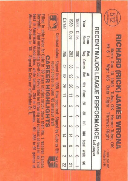 Orange performance card for 1990 Donruss #512 Rick Wrona Chicago Cubs Baseball Card