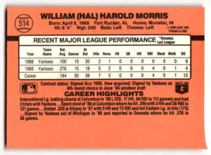 William Harold Morris baseball card from 1990 Donruss Yankees baseball cards original gloss