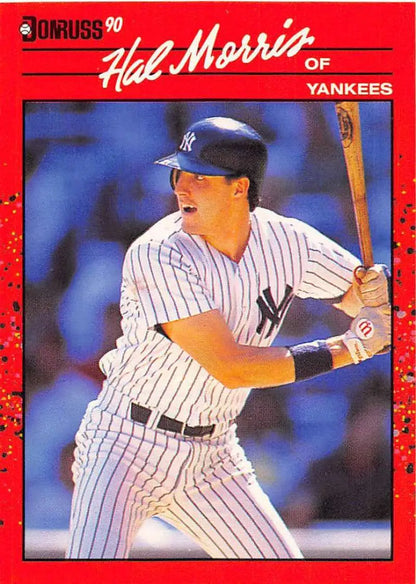 1990 Donruss Hal Morris Yankees Baseball Card in pinstripe uniform at bat