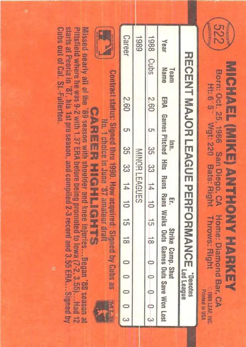 Orange train ticket featuring printed text beside 1990 Donruss Mike Harkey baseball card