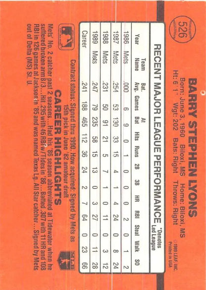 Orange baseball statistics on a 1990 Donruss Barry Lyons player card for trading cards