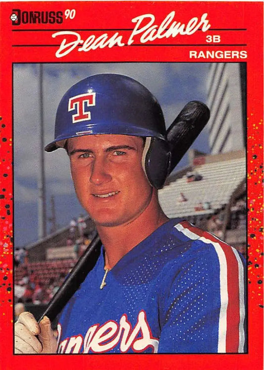 1990 Donruss baseball card of Dean Palmer in Texas Rangers blue uniform and helmet