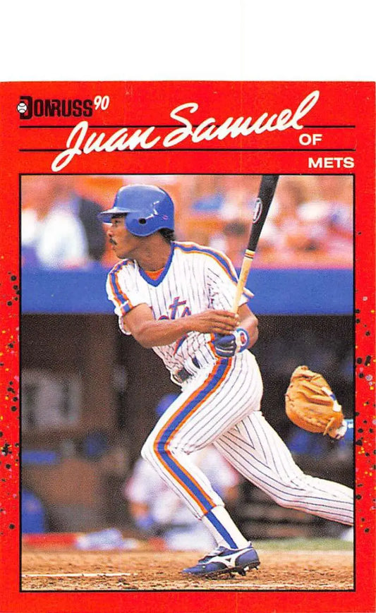 Red 1990 Donruss baseball card of Juan Samuel in New York Mets pinstripes