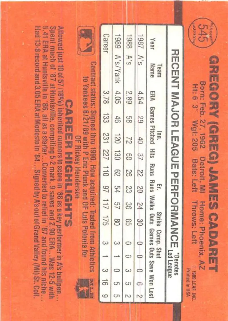 Orange baseball card featuring Greg Cadaret statistics for trading cards collectors