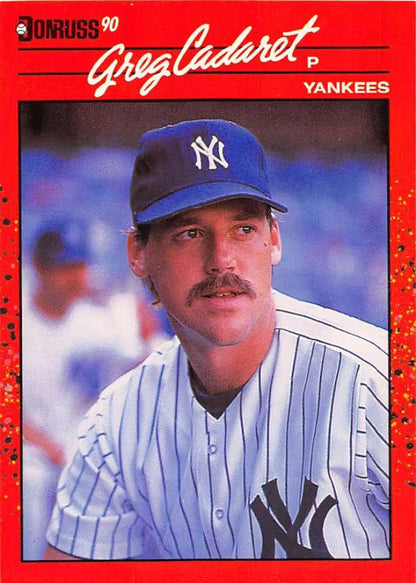 1990 Donruss baseball card of Greg Cadaret in New York Yankees pinstripes