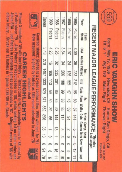 Baseball card statistics grid with orange background for 1990 Donruss #559 Eric Show