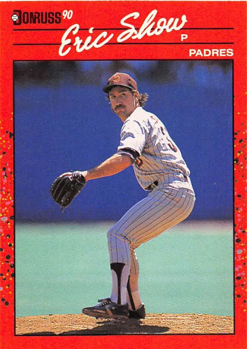 1990 Donruss #559 Eric Show baseball card featuring Padres pitcher mid-delivery