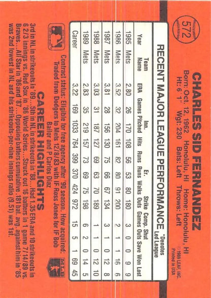 Orange baseball card statistics grid for 1990 Donruss Sid Fernandez player performance data