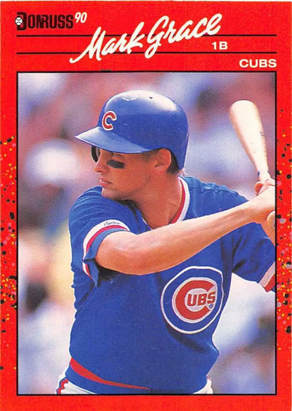 1990 Donruss #577 Mark Grace Chicago Cubs Baseball Card with red border and player at bat