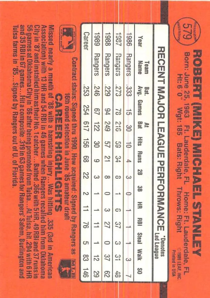 Baseball card statistics grid on orange-red background for 1990 Donruss #579 Mike Stanley