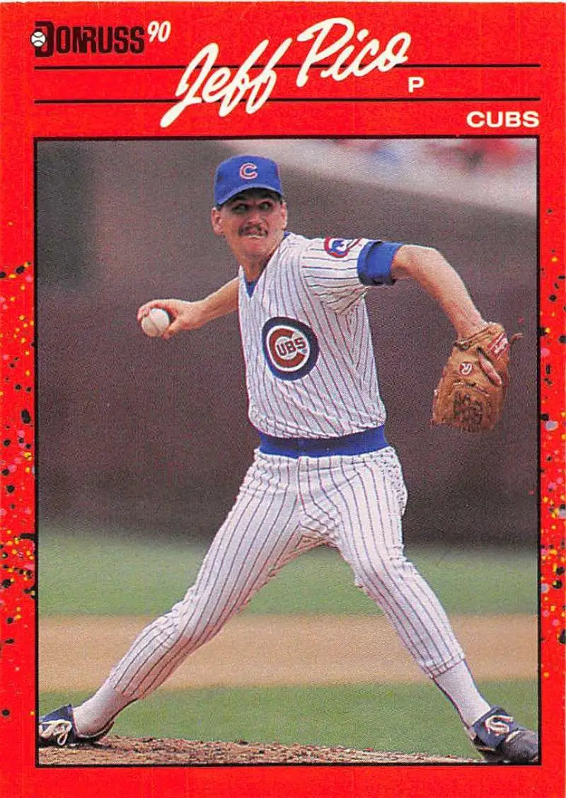 1990 Donruss #585 Jeff Pico baseball card showcasing Cubs pitcher in action