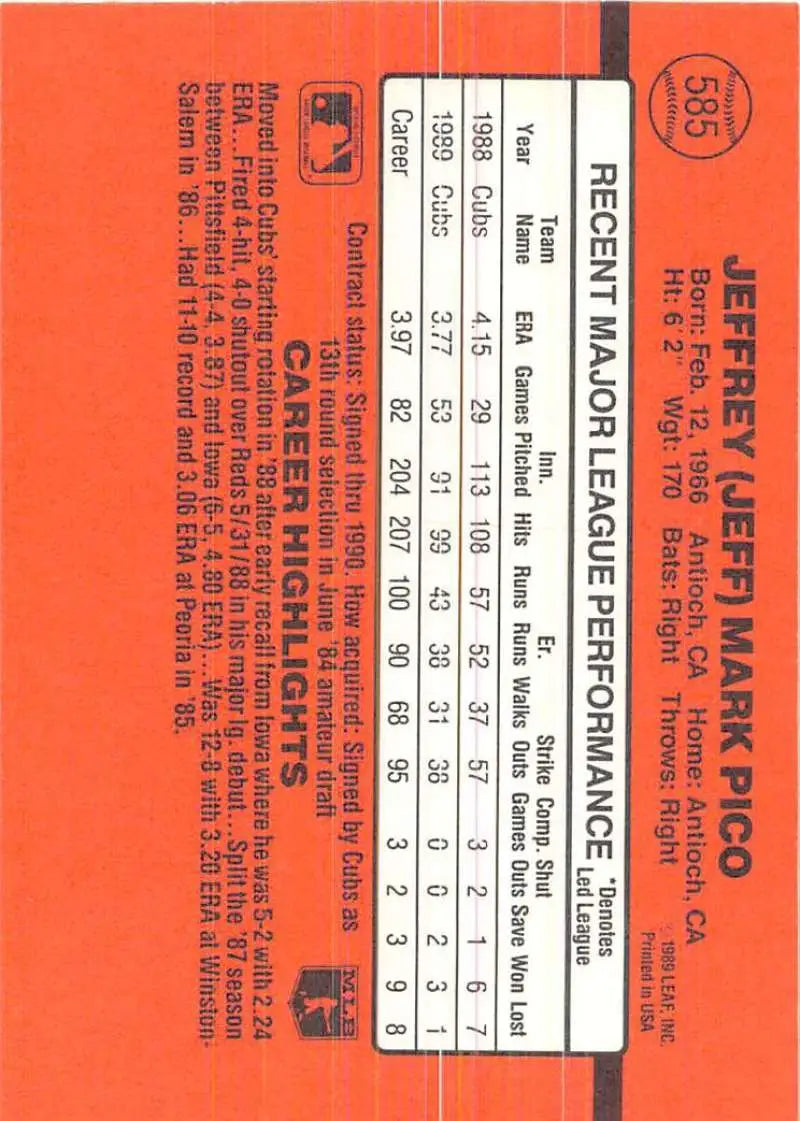 Orange receipt for 1990 Donruss Jeff Pico baseball card from Chicago Cubs trading cards