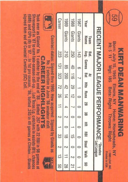 Orange 1990 Donruss Kirt Manwaring baseball card for San Francisco Giants stats